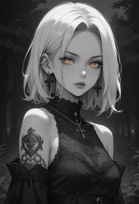 zPDXL3, score_9, score_8_up, score_7_up, (black and white), monochrome, 2d, source_anime,  1girl, yellow eyes, medium hair,  medium breast, (straight hair), bare shoulders, gothic outfit, tattoo, pale skin,  white hair, bobcut, cowboy shot, outside, night, trees, ear piercing, <lora:add-detail-xl:0.4> , <lora:[GP] somethingweird [Pony XL]:0.2>, <lora:g0th1cPXL:0.3>, <lora:st4t1ctvXLP:0.8> , <lora:Goth_girl_XL-v2:0.8>,