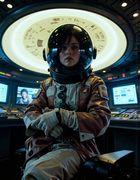 nostromo style woman wearing spacesuitstyled by Tom Ford, space helmet, jumbotron, ceiling decoration, control panels, buttons, switches, lights, science fiction, horror,
extremely detailed, sharp focus, sharp