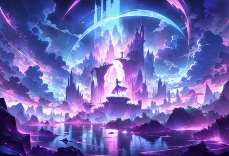 serene night, beautiful sky, dancing silhouette, Complex landscape, best quality, pastel colors, light blue tint, aesthetic Ethereal, Effulgent, Idyllic atmosphere,  Tranquil,  ethereal quality, cinematic volume, Twinkling lighting, glowing aura, global illumination,  glowneon, Anisotropic Filtering, Unrivaled Opus, Unconventional, hyper detailed, HDR,
