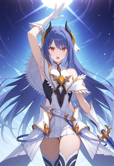 highres, best quality, masterpiece,
1girl, solo, pcrrei, very long hair, blue hair, demon horns, red eyes,
reipform, hair ornament, white dress, two-tone dress, white capelet, bare shoulders, chest jewel, cutout above navel, hip vent, white belt, white skirt, white gloves, thighhighs,
looking at viewer, serious, open mouth,
standing, arm up, henshin, holding sword, left-handed, 
<lora:_rei_pcr-elesico-ilxlAb:1>