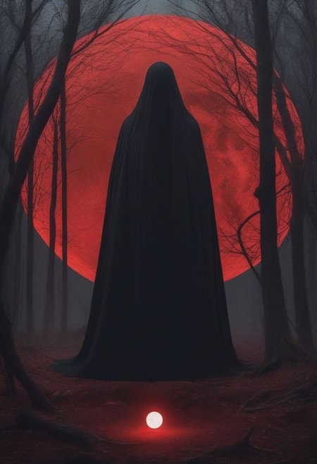 epiCPhoto, (bulky design), ((mechanical body, no face, fully white body)), 2 arms, night, detailed background, realistic, black cloak, (red face veil covering face), dark background, red moon in background, standing in forest, ritual circle