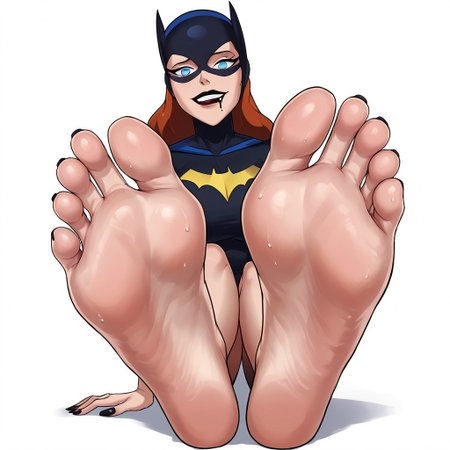 score_9, score_8_up, score_7_up, BREAK 
, dynamic angle, pale skin, flat color,
completely white background, foot focus, perfect toes,curvy soles, smelly sweaty pink soles, big breasts, long sharp black toenail claws, legs flat on ground, solo, full body, sitting, cowboy shot, digital art, 1girl, solo, stupid expression on face, drooling, dumb, eyes crossed, ((close up pov feet)), feet together, barbara gordon