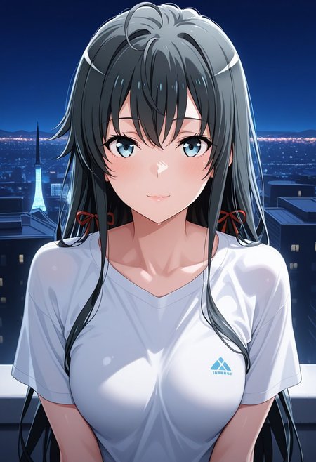 (Best quality , 8K , masterpiece) , Best illustration , Yukinoshita Yukino, 1girl, medium breasts, soft smile, detailed lips, soft lips, glossy lips, white t-shirts, ((looking for viewers)), tower, night