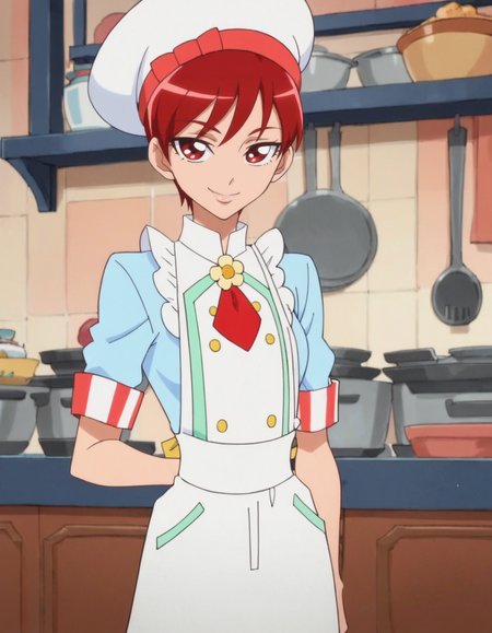 score_9, score_8_up, score_7_up, anime screencap, solo,1girl,kenjouakira, hat, apron, smile,buttons,light blue shirt,chef ,smile,   looking at viewer,   cowboy shot,wide hip,medium breasts,<lora:kenjouakira:0.8>