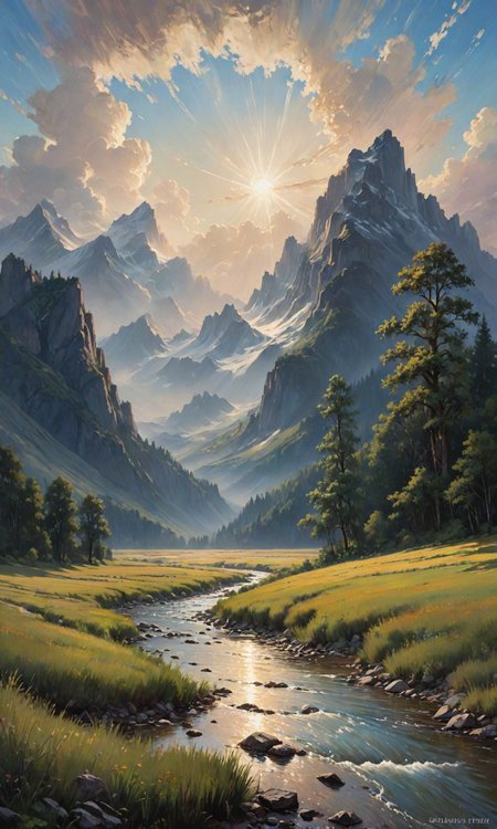 A beautiful landscape painting of an open field in summer, by John Berkey |"A majestic blue sky with clouds and a very beautiful cloud. The river is clear that you can see the mountains below. A white sun on top of the mountain peak above the trees at sunset dramatic sky lighting, oil painted by Raphael Lacoste and Greg Rutkowski, trending on ArtStation <lora:Fast:0.69>