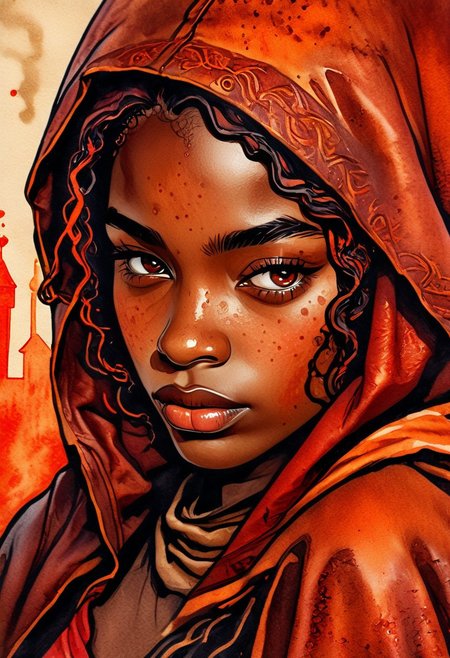 (Ink illustration on parchment). coal skies painted in vibrant shades of red and orange, a lone young woman ina massive medieval city, 1bout, fantasy rogue outfit, lickers of magical energy, Ink splashes, rough ink sketch, moody, gloomy, high contrast, stylized, dark skin, close up on face, leather medieval top with lowered hood, Art Nouveau Style, face portrait close up, African girl with intense expression, freckles