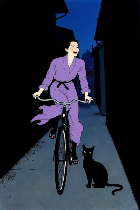 regr1 illustration.  A Japanese school girl riding a old style bicycle through a narrow, quiet street at night. The happy woman wears a simple, flowing purple dress. In the corner, a small black cat with piercing eyes sits watching her quietly. The mood is tranquil and slightly magical.  <lora:regr3_shoujo_nocap_d6a3:0.9><lora:808055585439297387:0>
