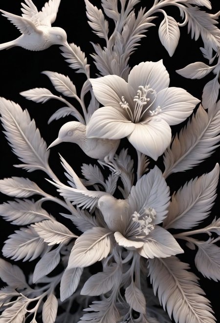 <lora:3DPrintingXL:1>,
masterpiece,(best quality),
official art,extremely detailed cg 8k wallpaper,
((crystalstexture skin)),(extremely delicate and beautiful),highly detailed,
WhiteMold, art style, 3d printed mold, flower, black background, simple background, bird, plant, no humans