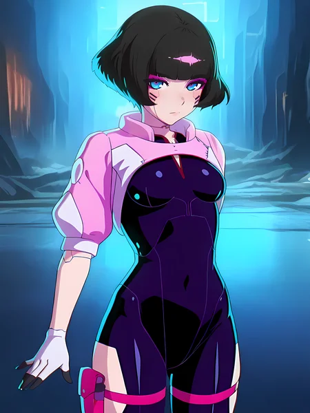 (masterpiece, very aesthetic, absurdres, best quality, high quality, cinematic shadow:1.4), body blush,character focus,perfect hands, small breasts,sidelocks,  cowboy shot, <lora:HandFixer_pdxl_Incrs_v1:1> handfixer,looking at viewer,<lora:StS-Illustrious-Detail-Slider-v1.0:4>,  <lora:sasha:1>,sasha,cyborg,short hair,bangs, black hair, makeup, blue eyes,sashadress,shrug \(clothing\), pink jacket, bob cut, black bodysuit, hip vent, white gloves, thigh holster, thigh strap,cybernetic,dynamic pose, outdoors,