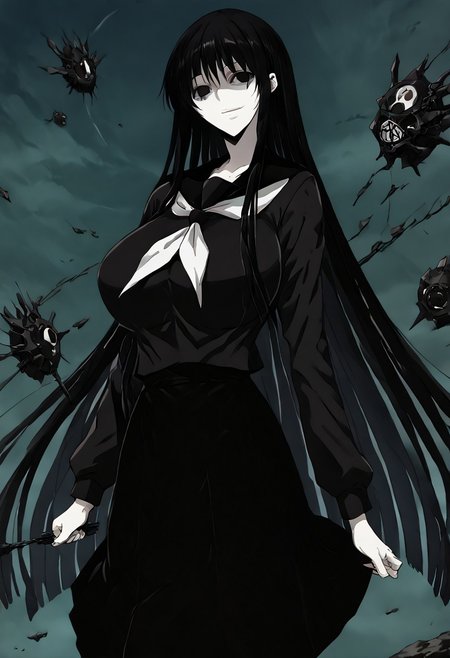 score_9, score_8_up, score_7_up, score_6_up, score_5_up, score_4_up, source_anime, 1girl, 1others, solo, 
hagoromogitsune, smile, empty eyes, black hair, huge breasts, very long hair,
school uniform,black serafuku,serafuku,black shirt,black skirt, 
masterpiece, best quality, very aesthetic, absurdres,