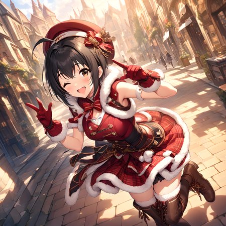 (masterpiece),(best quality),(ultra-detailed),(best illustration),(best shadow),(absurdres),(detailed background),(very aesthetic),  miho kohinata, 1girl, solo, one eye closed, black hair, gloves, short hair, ahoge, boots, hat, thighhighs, skirt, smile, fur trim, open mouth, red gloves <lora:Miho_Kohinata:1>