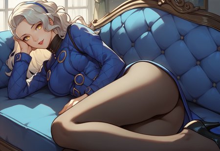 score_9, score_8_up, score_7_up, source_anime, 1girl, looking at you, smile, <lora:zs_MargaretXL:1> margaretp4, long hair, yellow eyes, headband, dress, long sleeves, black pantyhose, high heels, large breasts, ass, lipstick, lying on side, indoors, blue couch, blue walls