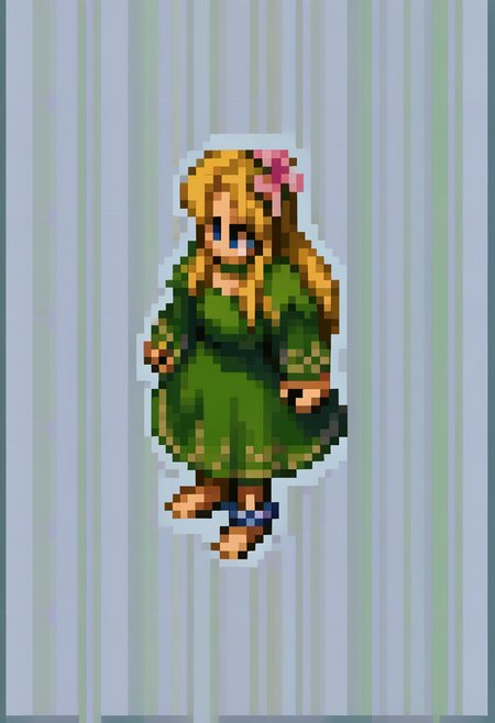 score_9, score_8_up, score_7_up, source_anime, BREAK, solo, 1girl, <lora:FFT-SpritesV2-pdxl_Fp:1>, looking at viewer, from side, full body, standing, solid oval eyes, no mouth, no nose, pixel art,  <lora:Titania-pdxl_Fp:1>, titaniasmt, blue eyes, blonde hair, long hair, hair flower, fairy wings, green dress, choker, anklet