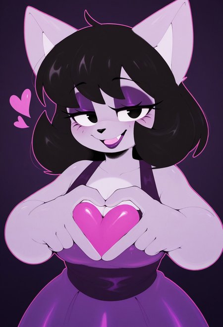 ephemilie , 1girl, solo, medium build, medium hair, sfw, safe for work, covered skin, flowy dress,  black eyes, purple lipgloss, smiling, portrait, upper body, heart hands, foreshortening, detailed, newest, furry female, furry, anthro