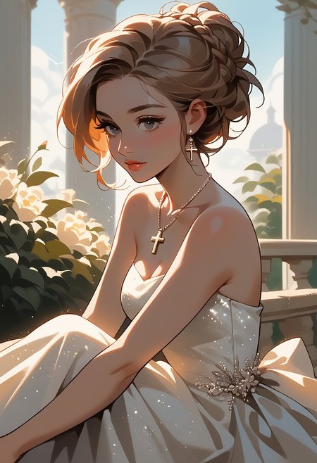 score_9, score_8_up, score_7_up, score_6_up, 1girl,  <lora:bg4XLP:0.8> bg4, French braid, close up, candid, sitting, cross legged, elegant, sparkling, dress, necklace, large boobs, pendant, round butt, outdoor wedding,