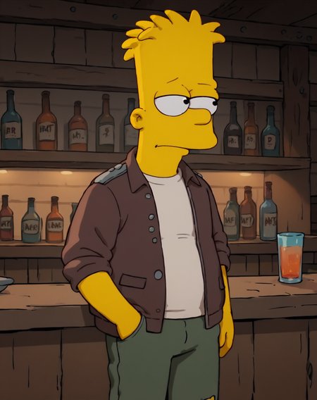 score_9, score_8_up, score_7_up, 1boy, solo, bart simpson, blonde hair, black eyes, circle eyes, dot pupils, yellow skin, standing, jacket, pants, bar, cowboy shot,<lora:AdultBart9:0.8>,