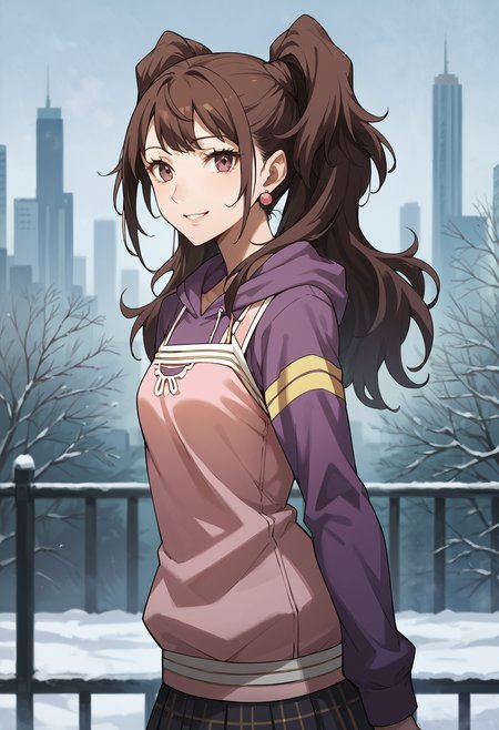 score_9, score_8_up, score_7_up, score_6_up, score_5_up, score_4_up, source_anime
1 girl, solo, 
p4rise, kujikawa rise, long hair, brown hair, earrings, twintails,
p4rise-wincas, hoodie, purple hoodie, hood, tank top, pink tank top, layered clothes, skirt, pantyhose, 
outdoors, cityscape, trees, cold, winter, foggy breath, looking at viewer, smile, side view,
masterwork, masterpiece, best quality, hyper-detailed
