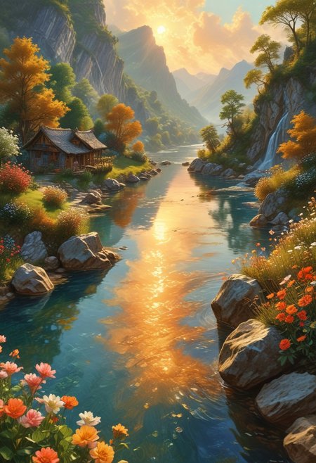 Elves homes from Lord of the rings book, cozy, warm, magical, alluring, hazel-eyes, bright, OverallDetail, Magical beautiful background, fantasy, wild, hyper-detailed hyper-maximalist, dynamic. A crystal-clear river meanders lazily through the valley, its sparkling waters reflecting the blue sky above. The horizon is dotted with puffy white clouds, casting soft shadows across the landscape. The air is filled with the sweet scent of flowers and the song of birds, creating a harmonious symphony of nature. A warm golden glow bathes the entire scene, painting everything in warm hues, as the setting sun slowly dips below the horizon, signalling the end of another day in this idyllic natural landscape.