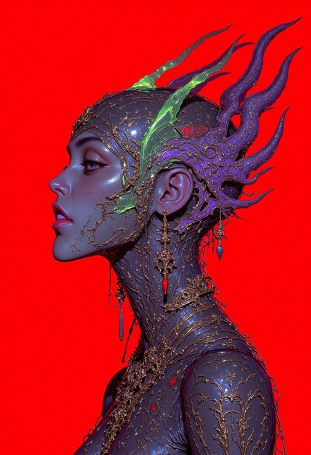 This is a highly detailed digital illustration of a woman with fair skin, wearing a translucent and transparent headgear that covers her entire head, creating a surreal, futuristic effect. The headgear is delicate, yet striking, with subtle geometric patterns etched into its surface. Attached to the headgear are glowing, toxic-colored horns that twist upward in sharp, angular shapes, emitting a faint green and purple glow. Beneath the translucent surface, fangs emerge from her lips, further enhancing the otherworldly, fierce look. The background is red and minimalistic with non-linear black and white lines drawn in a way to create an visual art of the highest artistic influence, allowing the glowing elements to stand out, creating a haunting, high-fashion, sci-fi aesthetic.