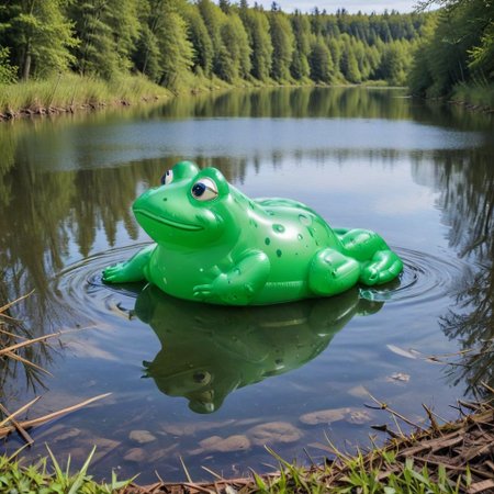 an inflatable frog, lake