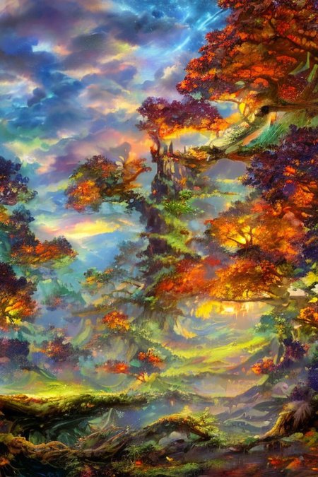 impressionism oil painting, 
fantasy forest,
an expansive ancient forest, featuring towering oaks, diverse wildlife, a variety of flora, and a feeling of grandeur,
glowwave,
dawn,
thunderstorm, and many small clouds, and slightly cloudy,