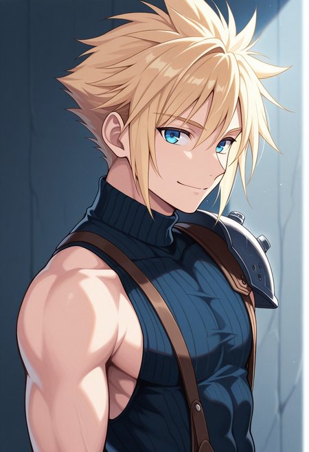 masterpiece,best quality,amazing quality, source_anime,
SoutouKumo, 1boy, male focus, solo, blue eyes, blonde hair, spiked hair, shoulder armor, single bare shoulder, sleeveless turtleneck,  toned male, smile, looking at viewer,