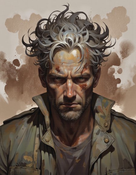 By JoFoGriGreToc.
A highly detailed, digital artwork depicting a close-up of a man's face. The subject has wild, spiky, gray hair that appears unkempt and disheveled, with strands sticking out in all directions. His skin is weathered and rugged, with a rough texture that suggests exposure to harsh elements. His face is lined with deep wrinkles, and his expression is intense and focused, with narrowed eyes and a furrowed brow. The man's skin is a mix of dark and light tones, with areas of sunburn and dirt, adding to the rugged appearance. He is wearing a tattered, olive-green military-style jacket with buttons and a visible pocket. The jacket is open, revealing a worn, dark shirt underneath. The background is a blend of muted, earthy tones, with splashes of brown and beige, giving a sense of a dusty, desert environment. The artwork uses a combination of light and shadow to create depth and texture, emphasizing the ruggedness and weathered appearance of the subject. The overall style is realistic with a focus on detailed textures and the use of light and shadow to enhance the character's rough and intense demeanor.