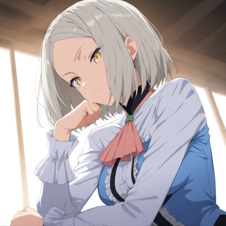 upper_body,masterpiece,high score,great score,absurdres,<lora:Yukine_Mare ag4o v1:1> yukine_mare, grey hair, short hair, yellow eyes,ascot,frills,long sleeves,