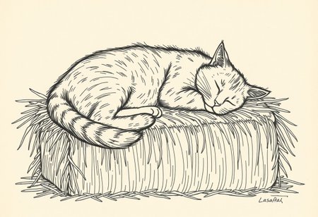 a line drawing of a cat sleeping on a bale of hay, on parchment paper, 3/4s view