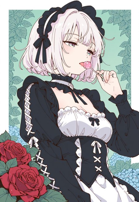 masterpiece, best quality, good quality, newest, highres, absurdres, from below,

pastel cyan eyes, white hair, multi colored hair, bob cut,
victorian black maid dress, frilled skirt, half closed eyes, dazed, emotionless, small breasts, cleavage,

1girl, solo, upper body, roses, hand up, licking lollipop, looking to the side, leaf, red roses, black roses, gradient green background with thick white border,

hydrangea, laced sleeves, Ethereal Brushstroke, Flat vector illustration, rakugakingu, oygilmb,