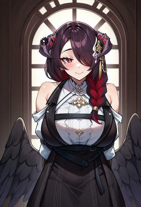 score_9, score_8_up, source_anime, 1girl, solo, MamarissaDefault, horns, hair ornament, hair flower, long hair, hair over one eye, single braid, multicolored hair, mole under eye, white shirt, collared shirt, bare shoulders, chest belt, detached sleeves, black bridal gloves, black dress, black wings, low wings, standing, indoors, arms behind back, smile, blush, <lora:ChamMamarissaPonyXL:1>