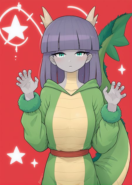 score_9,score_8_up,score_7_up,
 <lora:maudpie_pony:0.8>,maudpie,
 1girl, solo, ,dragon costume,hands up,rawr,hand detail