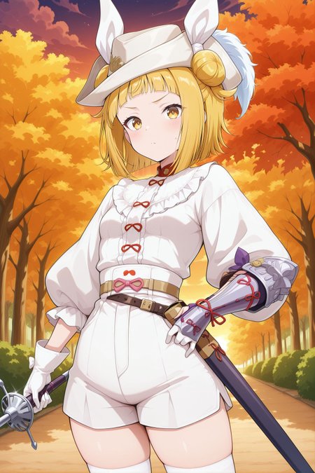 absurdres, highres, masterpiece, best quality, amazing quality, official anime artwork, screencap, anime screencap, outdoors, looking at viewer, 
<lora:Mayumi-Joutouguu_Illustrious:1>  joutouguu mayumi, 1girl, solo, yellow eyes, blonde hair, double bun, small breasts,, alternate costume, hat ribbon, white ribbon, white hat, hat feather, white feather, tricorne, white shirt, puffy long sleeves, white gloves, silver gauntlet, single gauntlet, white shorts, belt, white thighhighs, sheath, holding rapier,