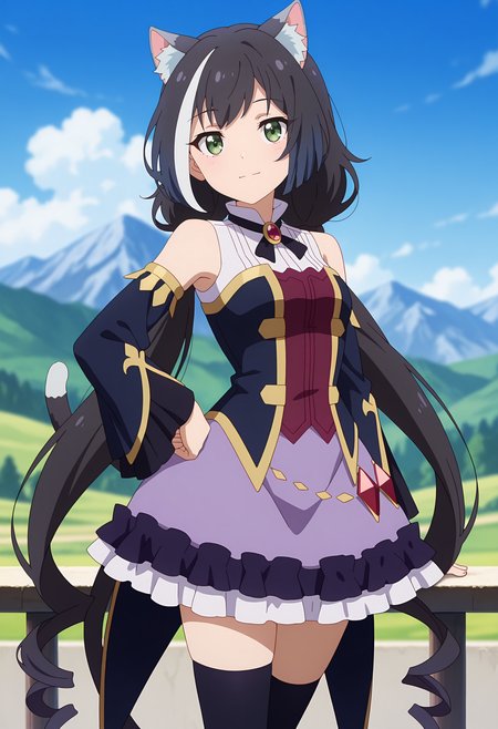 anime screencap, masterpiece, best quality,
<lora:PrincessConnect_Karyl_IlluXL:0.9>,
1girl, solo, closed mouth, light smile,
long hair, streaked hair, black hair, white hair, low twintails, green eyes, cat ears, cat tail,
KarylDress, multicolored dress, red brooch, detached sleeves, gold trim, red gemstone, frilled skirt, purple skirt,  black thighhighs,
hand on own hip, arm at side, standing, looking at viewer,
blurry background, mountainous background, scenery, day