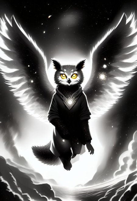Score_9, Score_8_up, Score_7_up, lora:Navi_Celestial_Skin_PonyXL:1.1 nv-celestialskin, redpandafolk, rabbitfolk, owlfolk, foxfolk, sketch, monochrome, greyscale, YR_GradLight, 0u73r5p4c3, space, planet, nebula, galaxy, asteroid, GalaxyTelepurteSDXL, StarrySkies, scenery, stars (sky), background, night sky, vibrant colored skin, void cosmic body, deep black skin, ethereal silhouette, nebula patterns, animal theme focus, majestic owl