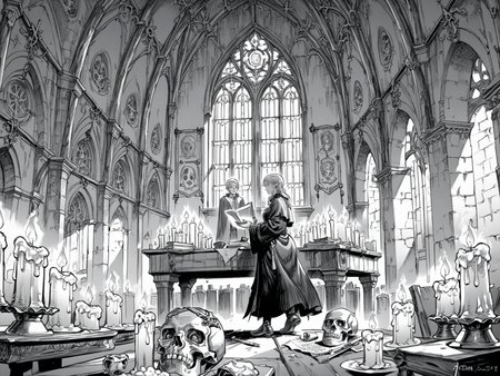 adult woman, elf, green eyes, blonde hair, necromancer, black robe, standing, practicing magic, potions and green crystals on the table, skull, candles, window, dark magic, night, solo, indoors,
, <lora:Berserk:0.8>, score_9, score_8_up, score_7_up, zPDXL3, monochrome, greyscale