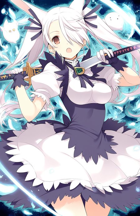 score_9, score_8_up, score_7_up, source_anime, rating_explicit, BREAK  <lora:Aliese_Martini_Ver2.0_XL:1> Aliese_Martini, 1girl, solo, long hair, weapon, sword, open mouth, hair over one eye, white hair, holding, holding weapon, breasts, puffy sleeves, holding sword, animal ears, dress, brown eyes, looking at viewer, short sleeves, gloves,