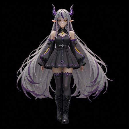 coll-jahi 1girl solo streaked hair long hair pointy ears horns thighhighs yellow eyes dress boots multicolored hair detached sleeves full body black dress very long hair