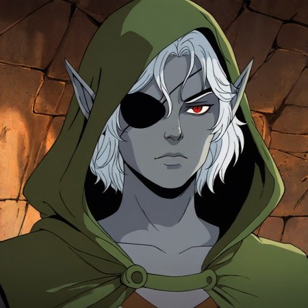 masterpiece, best quality, newest, absurdres, highres, 
X-1990STV1.0, 
1boy, pale, pale skin, grey skin, hood, hooded cape, rogue, assasin, dark elf, pointy ears, eyepatch,