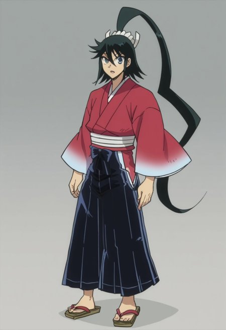 score 9, score 8_up, score 7_up,  solo, long hair, 1boy, jinbei, edo period,   ponytail, red kimono, male focus, japanese clothes, scar, sandals, hakama, hakama skirt, looking at viewer