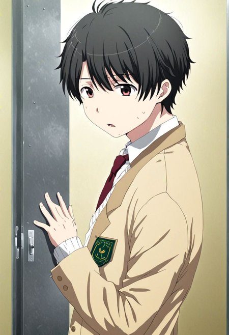 high resolution, solo, best quality, 1Boy, Inaho Kaizuka, Black Hair, school life, school uniform, OverallDetail
