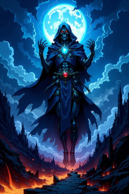 A spectral and eerie figure dominates the image, shrouded in an ethereal aura of icy blues and luminous light. This skeletal sorcerer exudes an otherworldly presence, its form wrapped in tattered robes that ripple and dissolve into mist as though consumed by an eternal frost. The armor beneath the decayed fabric glimmers with a metallic sheen, its surface adorned with intricate patterns of arcane design. The centerpiece is a glowing amulet embedded in the chest, radiating a cold, bluish energy that pulses outward, casting shifting light across the surrounding haze. The skull of the figure is crowned with a jagged, ceremonial headpiece that appears ancient, its sharp edges illuminated by a spectral glow. The empty eye sockets blaze with an intense, piercing light, as if harboring the icy flames of undeath. Strands of energy coil around its bony hands, hinting at the destructive magic it commands. Each bone is finely detailed, with cracks and engravings suggesting the weight of time and dark enchantments. The background is a swirling abyss of frosty winds and glowing particles, rendered in deep, celestial blues that evoke a void-like expanse. Wisps of light and frozen mist flow around the figure, amplifying its ghostly presence. The texture of the image is richly layered, blending sharp, defined edges on the armor and skull with painterly strokes in the robes and mist, giving it a surreal, dreamlike quality. The glowing effects, reminiscent of magical frost and shimmering stars, elevate the figure to one of spectral majesty and dread. <lora:Dark_Gothic_Comic_style_v.2:0.9> DGC style.
This dark fantasy scene portrays a towering, gothic fortress suspended over a fiery chasm, embodying an ominous grandeur. The fortress looms high, with jagged spires and pointed turrets stretching into a storm-laden sky, where a massive, ghostly moon casts an eerie light over the landscape. The stone walls of the fortress are intricately detailed, adorned with sharp arches and shadowy windows that emit a sinister red glow from within, suggesting a malevolent presence. A narrow, winding stone pathâcracked and unevenâleads through the charred ground toward the fortress. Below, the chasm churns with molten lava, glowing with intense shades of orange and red, its light reflecting off the blackened rock and casting a hellish radiance upward. The ground around the path is littered with broken pillars and ancient stone remnants, some half-buried in the volcanic ash, adding to the sense of desolation and abandonment. Dark clouds swirl above, their tumultuous folds illuminated by occasional flashes of lightning, creating a dramatic backdrop that enhances the fortressâs grim, imposing silhouette. The air is thick with shadows, and the landscape beyond is a wasteland of jagged mountains, barely visible through the mist, contributing to the feeling of isolation and dread that permeates the scene. This castle appears as a domain of darkness, seemingly impenetrable and bound to secrets as ancient as the rocks beneath it.