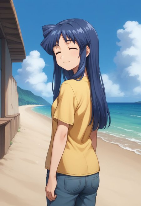 score_9, score_8_up, score_7_up, source_anime, highly detailed,
chizuru, 1girl, solo, closed eyes, long hair, blue hair, shirt, smile, pants, t-shirt, short sleeves, yellow shirt, 
outdoor, beach, sky, cloud. from back, looking back, looking at viewer,