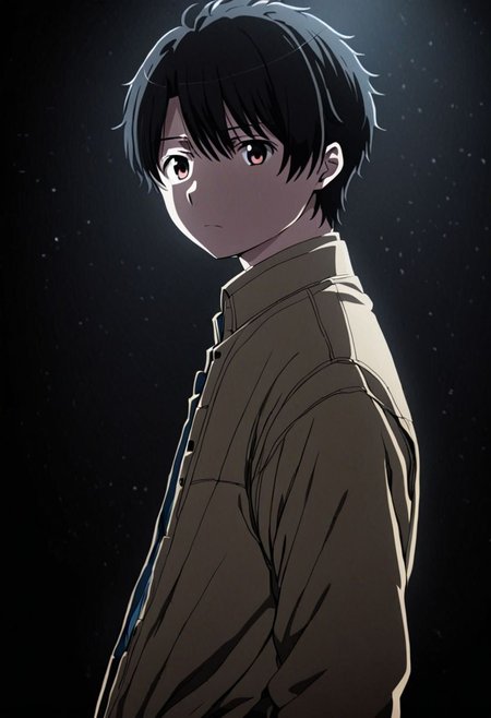 high resolution, solo, best quality, 1Boy, Inaho Kaizuka, Black Hair, cool, Mysterious black background, Movie lighting, a sense of atmosphere, OverallDetail