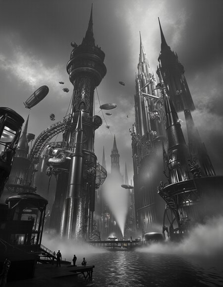Film noir style HDR photo of In style of Akiya Kageichi. 
A mystical, steam-powered city hidden within a vast network of fog-shrouded canals on a world shrouded in perpetual mist. Towering clockwork spires rise from the water like colossal monoliths, their gears and pistons whirring softly as they regulate the flow of steam and magic. A labyrinthine system of canal tunnels and bridges leads to hidden chambers filled with ancient artifacts and forbidden knowledge. The air is thick with the scent of coal smoke and the distant hum of clockwork machinery. (With blimps and flying vehicles:1.3).
 <lora:Yoshitaka_Amano__Ayami_Kojima_Style_Blend_Flux_V2:1> aman0ayam1 <lora:tech3d-gym-v3:1> a 3D icon of, vibranttech3d style <lora:Dynamic Poses5952:0.95> dynamic . High dynamic range, vivid, rich details, clear shadows and highlights, realistic, intense, enhanced contrast, highly detailed, 3D render, ((hyper realism)), sharp focus, cinematic lighting, photo realistic, hyper realistic. 4k, natural, global illumination, caustics, ratytracing, Unreal Engine, highly detailed, trending on Artstation . Monochrome, high contrast, dramatic shadows, 1940s style, mysterious, cinematic