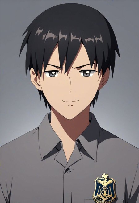 Highres, Masterpiece, High Quality, 4K, 8K, solo, 1Boy, Takaki Toono, adult, black hair, short hair, Shirt, passport_photo_style, looking at viewer, angry, smile, focused gaze forward, plain background, straight body, head upright, easynegative, detailed_eye_model
