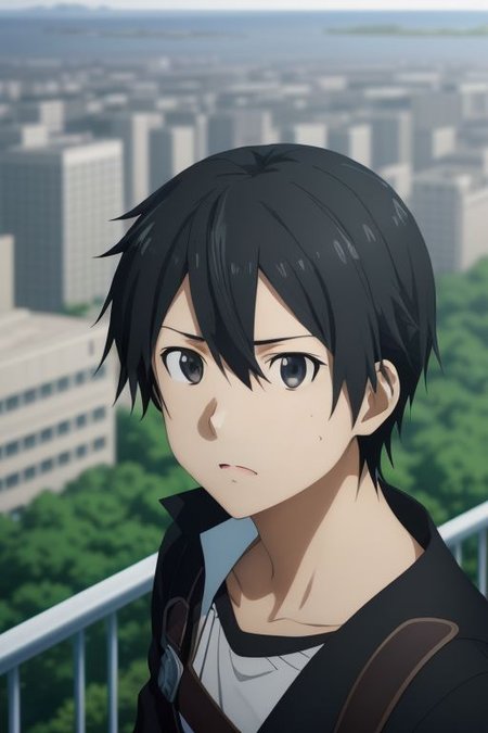 high resolution, solo, best quality, 1Boy, Kazuto Kirigaya, portraits, Black Hair, Black Eyes, high-rise, top of building, landscape, shallow depth of field, OverallDetail