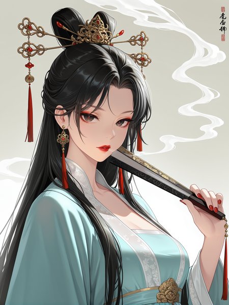 1girl, hand fan, solo, black hair, long hair, jewelry, earrings, holding, chinese clothes, hair ornament, holding fan, red nails, looking at viewer, upper body, long sleeves, red lips, folding fan, smoke, hanfu, nail polish 
,masterpiece,best quality,amazing quality,