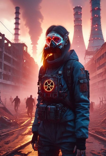 4D render, Chernobyl disaster, nuclear ,  Apocalypse,girl, detailed face, portrait, glowing x, minimalist outfit, anti social ,  zombies, ,cyberpunkartstyle,ruined ancient city,Professional styling, intricate details,8k post production, faithful, Religious denomination,
