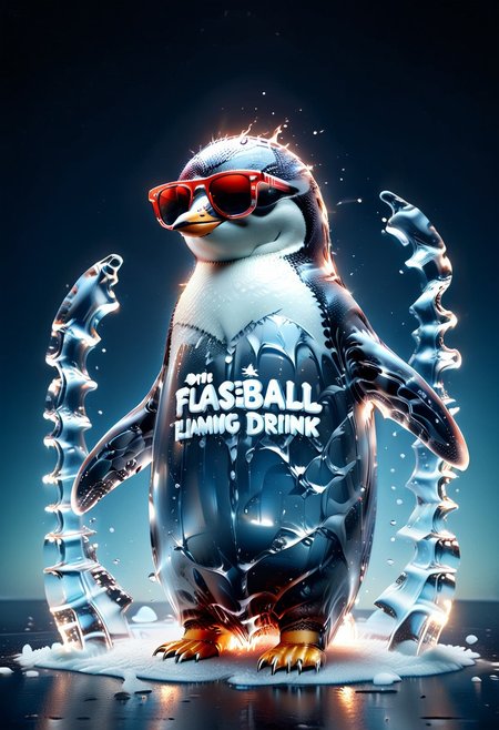 ((((("COOL" text logo made of ice)))) <lora:dvr-ftl:0.8>,
1c3_w1n73r, magicNpolished, shiny, polished, reflection, glowing, light
Penguin (((wearing sunglasses, red scarf, baseball cap))), standing on drifting iceberg in arctic, blue sky, (((drinking flaming drink from glass)))
